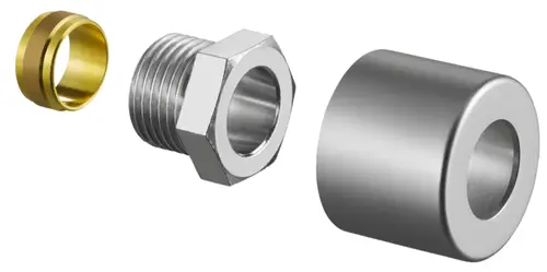 Oventrop Klemmringverschraubungsset bestehend aus einem zylindrischen Element, einer gewindierten Verbindung und einem kleinen ringförmigen Teil, alle in Edelstahloptik.